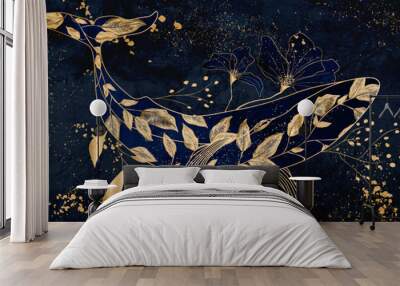 Abstract luxury dark blue art background with whale and leaves pattern in gold line style. Banner with hand drawn floral and animal pattern for wallpaper design, print, textile, decor, packaging Wall mural