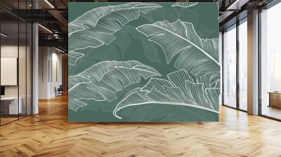 Abstract tropical banner with palm leaves with white line art elements. Botanical banner for decoration, print, textile, wallpaper, interior design, poster, textile. Wall mural