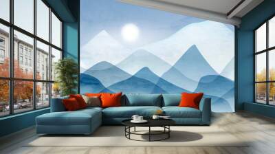 Abstract watercolor background with mountains and hills and sun in blue. Vector landscape art design with paints for decoration, wallpaper, print Wall mural