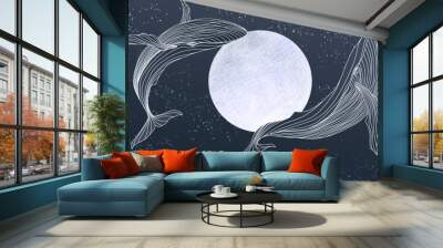 Art background in blue color with an illustration of whales on the background of the moon in line style. Hand drawn vector banner for wallpaper design, textile, print, invitations. Wall mural