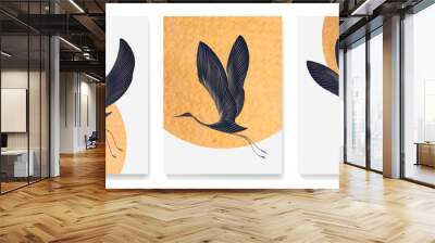 Art background with cranes on with sun on background with golden elements in art line style. Set of animalistic posters for decoration, print, wallpaper, textile, interior design. Wall mural