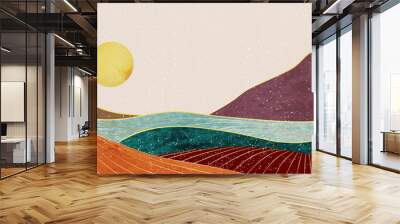 art background with mountains, hills and lake in mid century style. abstract landscape drawing for d Wall mural