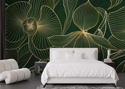 Art background with orchid flowers in gold line. Luxury botanical banner for decor, wallpaper, print, fabric, interior design. Wall mural