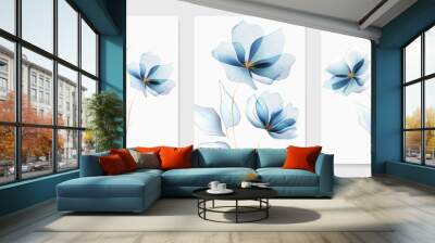 Art background with transparent blue flowers with golden elements in transparent style. Botanical floral poster set for design print, textile, wallpaper, interior design, wallpaper, invitations Wall mural