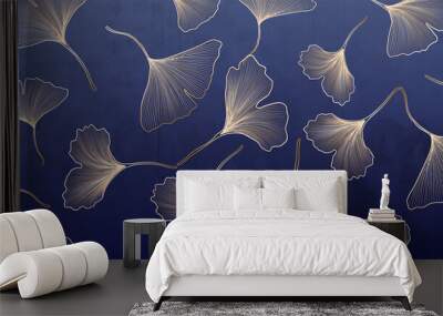 Black and white with blue art background with golden ginkgo leaves. Abstract botanical banner for design decoration in oriental style Wall mural