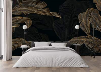 Botanical art background in black and white with tropical palm leaves in golden line hand drawn style. Banner with exotic plants for decoration, wallpaper, print, textile, interior Wall mural