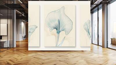 Botanical art background with hand drawn blue calla flowers in line art style. Set of vector posters with exotic plants for decoration, print, textile, wallpaper, interior design Wall mural