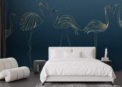 Dark blue luxury art background with flamingo birds in water in line art style. Animal hand drawn wallpaper for decoration, print, banner, interior design, packaging, poster. Wall mural