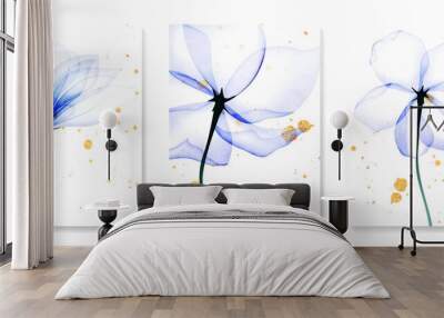 Floral art background with transparent blue flowers and golden elements. Vector botanical x-ray style poster set for decoration, interior design, invitations, packaging Wall mural