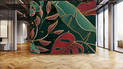 Floral patterns in red and gold metallic colors on backgrounds for home decor and banners. Wall mural