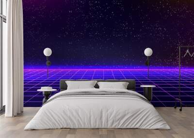 Futuristic neon cyber background with laser lines and starry sky. Digital retro banner in 80s style for design decoration Wall mural