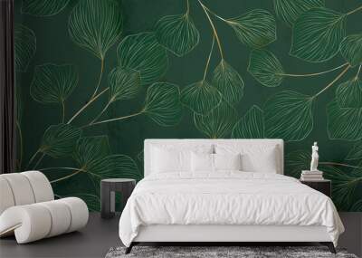 Leaves in gold line art hand drawing on a green background. Abstract botanical pattern with leaf for decor, wallpaper, wall, packaging, fabric Wall mural