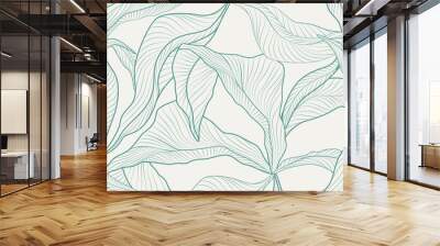 Light art background with silhouette of tropical leaves in line style. Botanical pattern for wallpaper design, decor, print, textile, interior. Wall mural