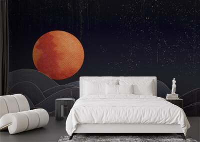 Luxurious black and white art background with night oriental landscape. Golden waves of the sea and ocean at night with moon and stars for home decor, print, banner. Wall mural