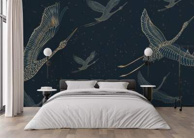 Luxurious dark blue background with crane birds with golden details. Animal hand drawn banner for decor, wallpaper, interior design, print, poster. Wall mural