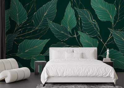 Luxury abstract art background in green tones with tropical leaves in golden line style. Hand drawn botanical banner for decoration design, print, interior design, wallpaper. Wall mural