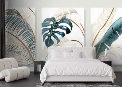 Luxury abstract art background with tropical palm leaves, monstera in white and blue colors with golden line elements. Botanical poster set for wallpaper design, print, textile, interior Wall mural