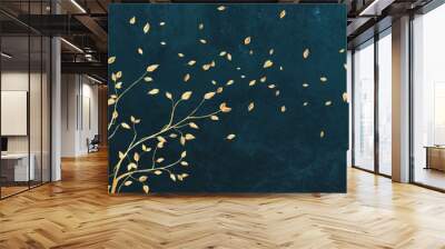 Luxury art background with tree with golden leaves in art line style. Hand drawn botanical banner for wallpaper design, print, textile, decor, fabric, packaging, invitations. Wall mural