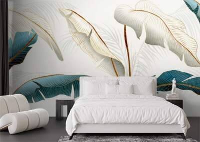 Luxury art background with tropical palm leaves in blue and white with golden art line. Botanical banner with exotic plants for wallpaper, print, interior design, textile, packaging. Wall mural