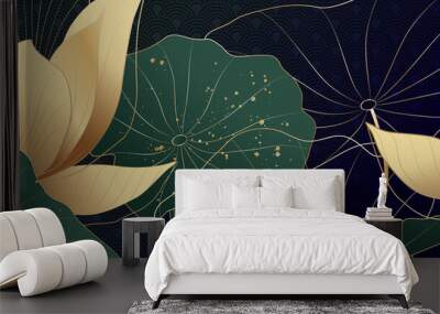 Luxury background with gold lotus flowers and green leaves with splashes of gold. Wall mural