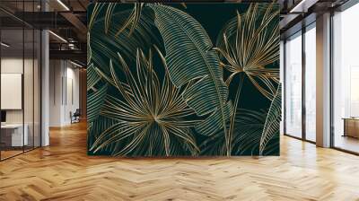 Luxury dark art background with tropical palm leaves in golden line art style. Abstract botanical banner with exotic plants for decoration, print, wallpaper, textiles, interior. Wall mural