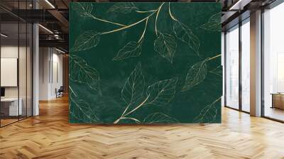 Luxury watercolor background with golden branches and leaves in line art style. Botanical abstract green wallpaper for banner design, textile, print, decor. Wall mural