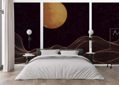 Oriental background with gold patterned lines. Art image with waves, starry sky and moon on a black background. Wall mural