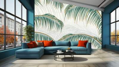 Tropical palm leaves with golden line elements on white background. Botanical banner with exotic plants for wallpaper design, decor, packaging, print, textile. Wall mural