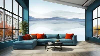 watercolor art background with mountains and lake in winter. landscape banner in blue tones for art  Wall mural