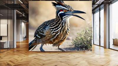 A Roadrunner bird running Stands on a Dirt Road, Front  view roadrunner - Generative AI Wall mural