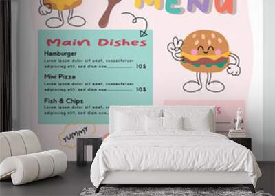 Cute colorful kids meal menu vector template Wall mural