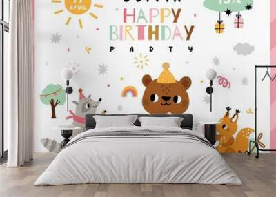 Animals birthday party poster. Kids holiday invitation with cute forest characters. Adorable raccoon, bear with cake, funny squirrel, childish party card, vector cartoon isolated concept Wall mural