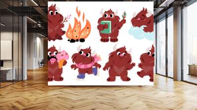 Cartoon bigfoot character. Funny mythical creature. Brown furry monster in different poses and situations. Sasquatch sleeping and eating ice cream. Yeti with bonfire. Garish vector set Wall mural