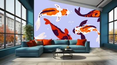 Cartoon koi fish. Different colors pond Japanese carps top view. Underwater decorative inhabitant. Asian spotted goldfish. Chinese water animals swimming in aquarium. Garish vector set Wall mural