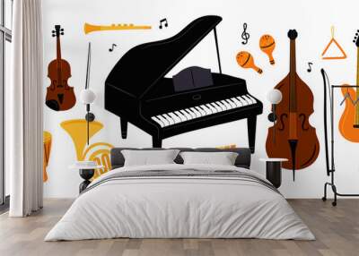 Cartoon musical instrument. Acoustic orchestra concert elements. Strings, wind and bows. Piano music performance. Isolated violoncello or harp. Jazz band saxophone. Garish png set Wall mural