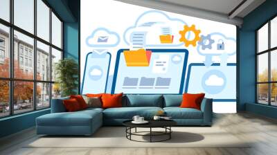 Cloud service on laptop. Online information exchange. Phone and tablet screens. Devices wireless connection. Digital computing. Internet data transfer. Document folders. Vector concept Wall mural