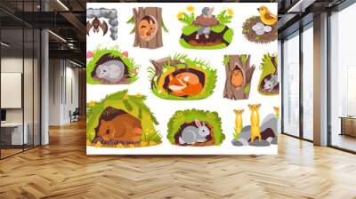 Cute animals in holes. Cartoon nature creatures sleep in burrows. Owl in hollow tree. Gophers and bears dream in dens. Fauna characters. Forest mammals. Birds nest. Splendid vector set Wall mural