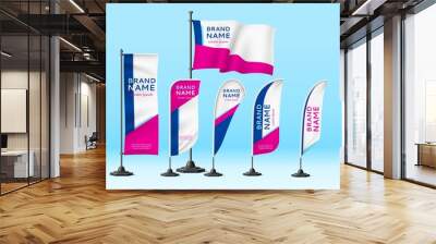 Flags banners identity. Realistic unified design promotional sign, fabric branded mockup, advertisement marketing and event info. Vector set Wall mural