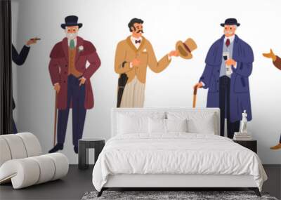 Gentlemen characters. Male persons with vintage clothing. 19th century European fashion. Aristocrats men. Victorian elegant suits. Walking cane and hat. Dandy apparel. Garish vector set Wall mural