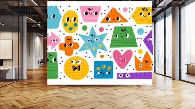 Geometric shapes characters. Basic abstract color figures with cute faces. Educational kids game. Patterned circles and polygons. Trapezoid or arrow. Vector baby learnings elements set Wall mural