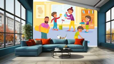 Happy family tidying up room. Children helping parents. Mom and son cleaning windows. Boy mopping floor. Father washing carpet. Household chores. Splendid vector housekeeping concept Wall mural