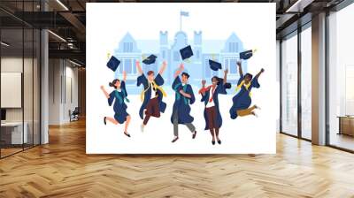 Jumping graduates. Happy students group throw academic caps in air against university building. People in black mantles and hats. College graduation background. Vector education concept Wall mural