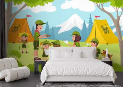 Kids scouts. Cute young tourists and trackers with adult mentors study area map. Children hiking or camping on nature. Teachers teach teens forest navigation. Splendid vector concept Wall mural