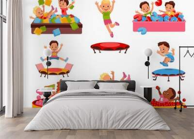 Kids soft pool. Happy children play with big color toy figure and jump on trampolines. Boys and girls in playground. Active joyful games. Bouncing little people. Splendid vector set Wall mural