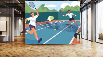 Lawn tennis players on court. Cartoon professional athletes hit ball. Pre match training process. Outdoor sport stadium. Man and woman play active game together. Garish vector concept Wall mural