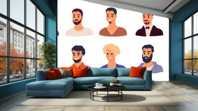 Male portraits. People avatars. Cartoon guys and men characters. Different mustaches or beards. Smiling persons. Attractive joyful faces. Stylish hairstyles and glasses. Garish vector set Wall mural