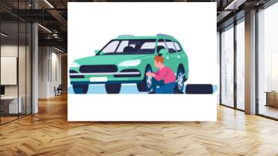 Man replaces flat tire on car. Person replacing wheel to continue driving. Vehicle repair. Tyre replacement service. Upset or happy driver. Vector automobile fixing maintenance process set Wall mural