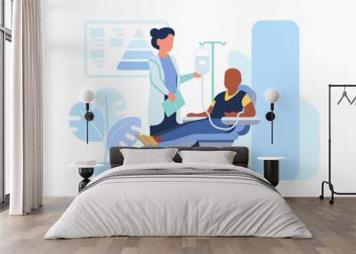 Man suffering from cancer disease. Patient receiving chemotherapy under care of physician. Hospital treatment. Oncology sickness. Ill male lying on bed with medical dropper. Vector concept Wall mural