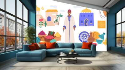 Morocco traditional elements. Ancient buildings. Arab man or woman costumes. Carpets with oriental ornaments. Muslim mosques. East souvenirs. Touristic travel objects. Garish vector set Wall mural