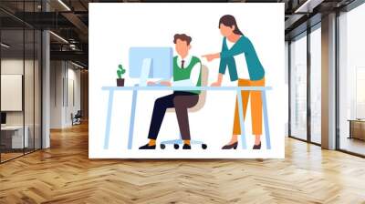 Office staff work. People brainstorming. Effective teamwork. Man sits at computer table. Woman helps and gives advice to colleague. Workers cooperation. Vector employees activities Wall mural